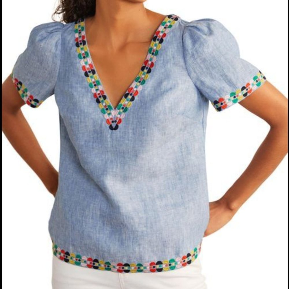 NWOT Boden Sky Blue Linen Blouse with Multi-Colored Embroidery - Size 12